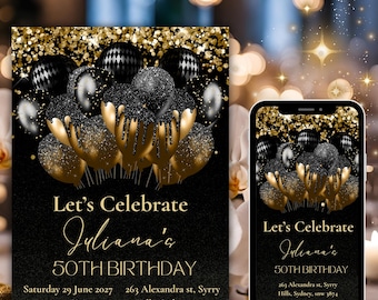 Black and Gold 50th Birthday Invitation, Glitter Balloons (Digital Download)