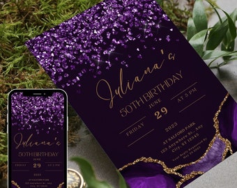 Modello di invito per il 50° compleanno con glitter viola (digitale)
