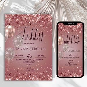 rose gold 50th birthday invite, Digital 50th Birthday Invitation, Rose Gold Fifty Invite For Women, Self Editable Itinerary eCard For Her