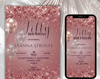 Invito per il 50° compleanno in oro rosa, eCard con itinerario modificabile (digitale)