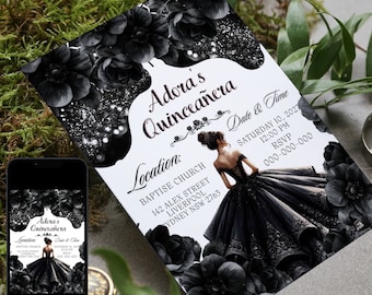 May include: A black and white Quinceañera invitation with floral accents and a detailed illustration of a woman in a black gown. The invitation includes event details such as the date, time, location, and RSVP information.