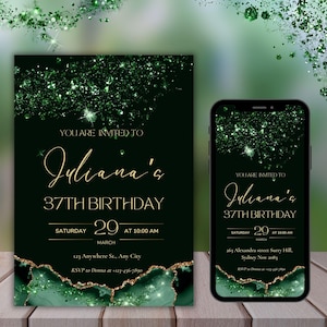 37th Birthday Invitation, downloadable 37th birthday invitation, Green & gold 37th Birthday Invitations, 37th birthday evite,