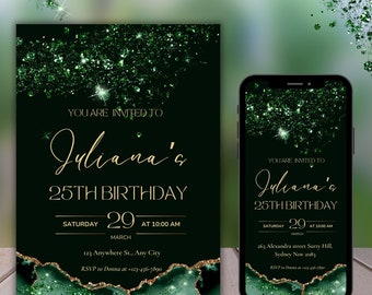 Green Glitter 25th Birthday Invitation, Gold Accents (Digital)
