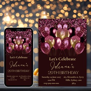 28th Birthday Party Digital Invitation, electronic 28th birthday invite, 28th Burgundy Glitter Gold Balloons invite, Twenty Eight Invitation