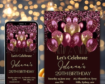 Burgundy Glitter Balloons 28th Birthday Invitation (Digital)