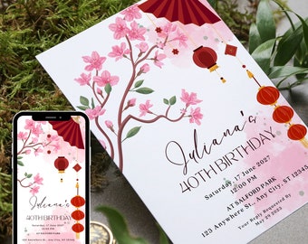 Printable Japanese Invitation Set, Japanese Party Invite, Cherry Blossom Invite, Editable Template, Cherry Blossom Birthday Invitations,