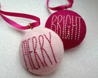 Merry and Bright A set of Two Purple Coloured Hand Embroidered Felt Christmas Tree Decorations