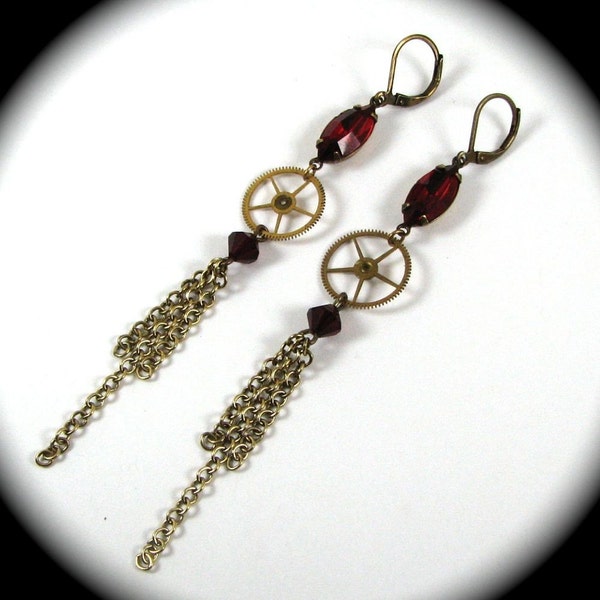 Steampunk Gearrings - Earrings in Ruby Red and Brass by Nouveau Motley