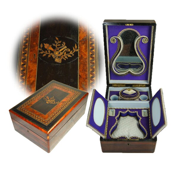 MUSEUM Piece Antique Victorian PALAIS ROYAL Sewing Box Theatre Fitted Marquetry Inlaid Violet Velvet Gold Cream Decorative Paper c.1880