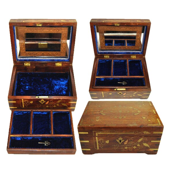 Antique Victorian Inlaid Jewelry or Sewing Box Brass Inlaid Oak Floral Design Lined with Blue Velvet Mirror Locking Key Tray c. 1900