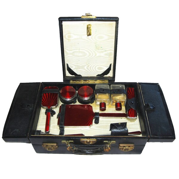 RARE Art Deco Fitted Traincase with RED GUILLOCHE Enamel Vanity Set Brush Glass Jars Mirror Black Leather Green Velvet Signed Oleg 1920