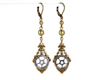 Steampunk Earrings Antiqued Brass Neo Victorian Earrings with Pocket Watch Gear and Czech Glass