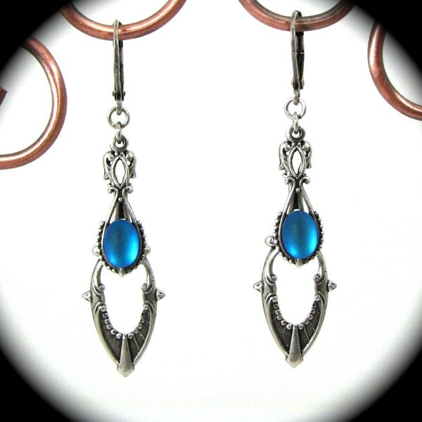 Exquisite Art Deco Style Drop Earrings in Silver with Cerulean Blue Glass Cabochons