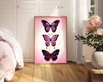 Pink Purple Butterflies Trendy Wall Art, Preppy Funky Girly Print, Girly Aesthetic Y2K Dorm Room Decor, College Dorm Poster Digital Download