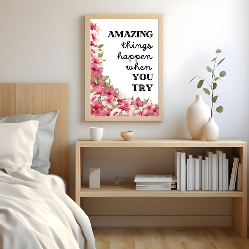 Trendy Wall Art Poster Amazing Things Happen When You Try, Retro Pink Affirmation Print, Pink Apartment Home Decor, Digital Printable Art image 4