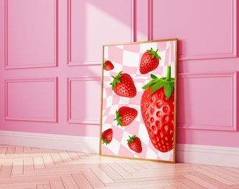 Strawberry Trendy Wall Art Print, Strawberries Teen Girl Dorm Decor, Pink And Red Preppy Room Decor, Y2K Retro Girly Prints Digital Download