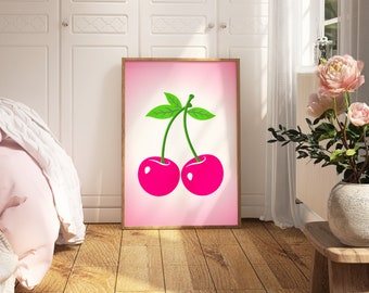 Pink Cherries Trendy Wall Art, Girly Maximalist Aesthetic Pink Cherries Print, Preppy Funky Girly Dorm Decor, Aesthetic Art Digital Download