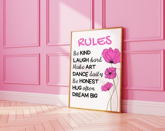 House Rules Trendy Wall Art Print, Manifestation Positivity Trendy Wall Art, Pink Apartment Dorm Decor, Girly House Rules Digital Download