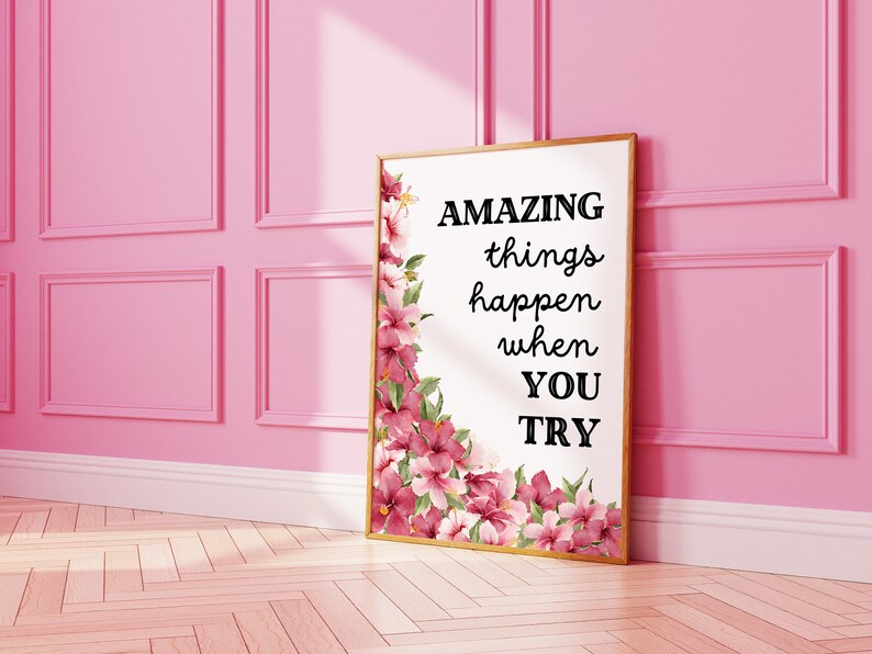 Trendy Wall Art Poster Amazing Things Happen When You Try, Retro Pink Affirmation Print, Pink Apartment Home Decor, Digital Printable Art image 1
