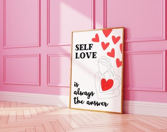 Self Love Red Heart Print, Trendy Aesthetic Self Care Affirmation Wall Art, Y2K Girly Dorm Room Decor, Affirmation Print Bedroom Wall Decor