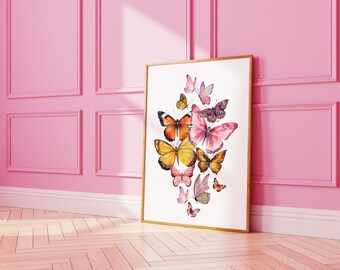 Pink And Orange Butterflies Print, Aesthetic Girly Apartment Wall Art, Trendy Pink Butterflies Preppy Dorm Room Decor, Art Digital Download