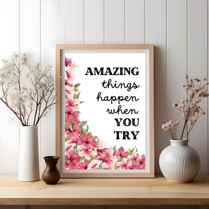 Trendy Wall Art Poster Amazing Things Happen When You Try, Retro Pink Affirmation Print, Pink Apartment Home Decor, Digital Printable Art image 2