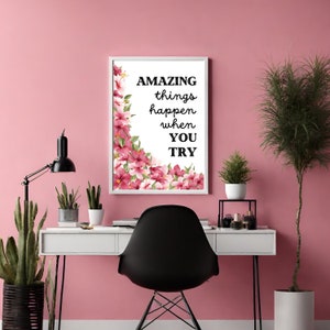 Trendy Wall Art Poster Amazing Things Happen When You Try, Retro Pink Affirmation Print, Pink Apartment Home Decor, Digital Printable Art image 5