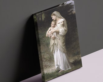 Virgin Mary by William Adolphe Bouguereau Poster, Innocence Virgin Mary Baby Jesus Lamb Canvas Art, Bouguereau L'Innocence Picture Canvas.