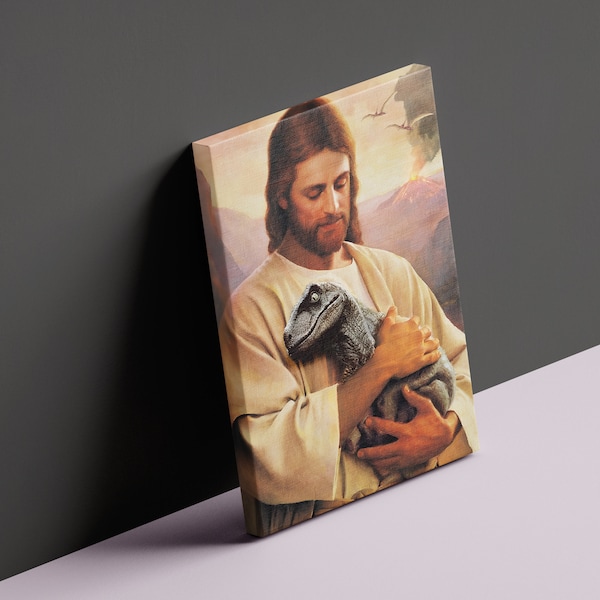 Jesus Love And Protect The Raptor Baby Treasure Wall Art, Dinosaur Lovers Gift, Christian Gift, Baby Dinosaur Canvas, Raptor Poster.