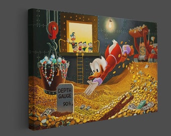 Scrooge McDuck Canvas Poster Wall Art, arte Picsou Zio Paperone, Scrooge McDuck Tuffarsi nel denaro, pronto da appendere.