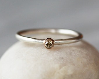 Natural Light Brown Diamond Ring, Mixed Metal Ring, Solid 14k Yellow Gold Setting on Sterling Silver Band, April Birthstone Ring