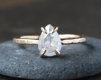 Natural Icy White Diamond Ring, Rose Cut Pear Diamond, 14k Yellow Gold Hammered Band, Conflict Free Solitaire Prong-Set Diamond