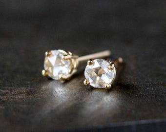 Diamond Stud Earrings Gold, Rose Cut White Diamonds, Solid 14k Gold Studs, 1/3 Carat Total Weight