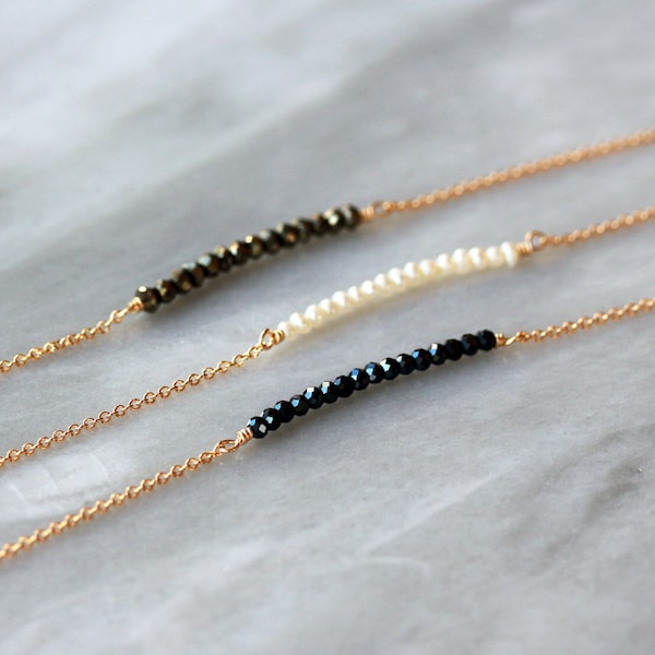 Mini Gem Row Necklace, Delicate Gemstone Row, 14k Gold Filled, White Seed Pearl - Black Spinel - Golden Pyrite