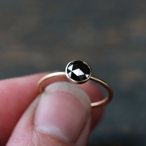 Black Diamond Ring, Rose Cut Black Diamond Satin Matte Brushed Solid 14k Gold, Conflict Free Diamond Solitaire