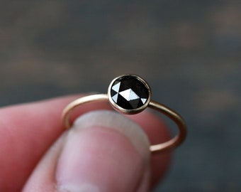 Black Diamond Ring, Rose Cut Black Diamond Satin Matte Brushed Solid 14k Gold, Conflict Free Diamond Solitaire