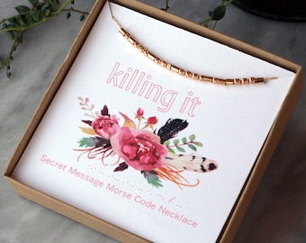 KILLING IT Morse Code Necklace, Daily Affirmation Gift for Her, Inspirational Jewelry, Sterling Silver or 14k Gold Fill Beads and Chain