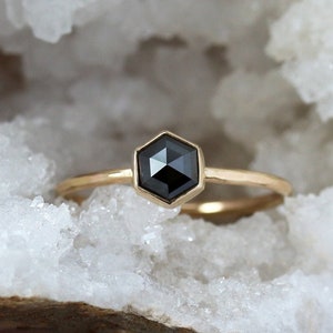 Black Diamond Hexagon Ring, Unique Engagement Ring, Solid 14k Gold Rose Cut Hexagonal Diamond