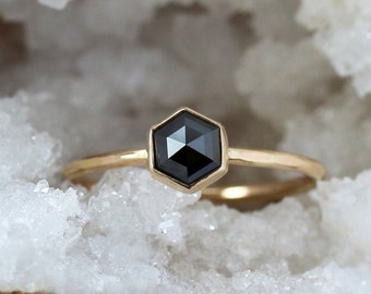 Black Diamond Hexagon Ring, Unique Engagement Ring, Solid 14k Gold Rose Cut Hexagonal Diamond