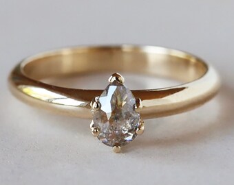 Rose Cut Pear Diamond Ring, Prong Set Teardrop Shape Diamond, 14k Yellow Gold Band -- Ready to Ship