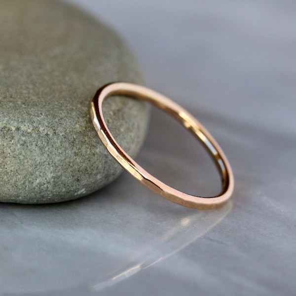 Slim Gold Wedding Ring, Faceted 14k Yellow or Rose Gold, Hammered Wedding Band for Her