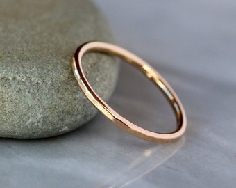 Slim Gold Wedding Ring, Faceted 14k Yellow or Rose Gold, Hammered Wedding Band for Her