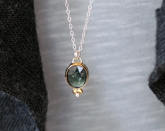 Green Tourmaline Necklace - Choose your Tourmaline - Solid Gold with Sterling Silver Chain and Diamond Accent - October Birthstone Jewelry