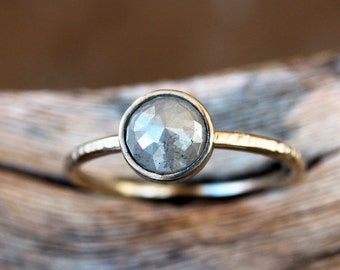 Rose Cut Gray Diamond Ring, Solid 14k Palladium White Gold Hammered Ring, Unique Natural Diamond Ring, Bark Texture Band