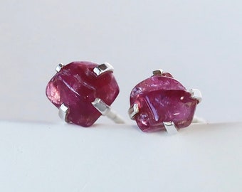 Raw Pink Tourmaline Studs, Rough Tourmaline Stud Earrings, Sterling Silver Prong Set Gems, October Birthstone Jewelry