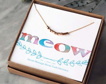 MEOW Necklace, Secret Message Morse Code Necklace, Cat Necklace Kitten Jewelry, Sterling Silver or Gold Filled