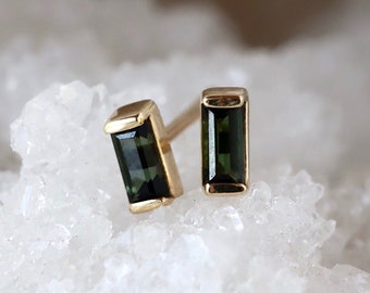 Gold Tourmaline Earrings, Tiny Baguette Studs, Green Tourmaline Stud Earrings, October Birthstone Jewelry