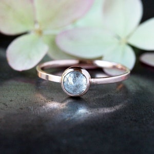 Icy Rose Cut Diamond Ring, Solid 14k Rose or Yellow Gold Band, Salt and Pepper Diamond, Low Profile Engagement Ring