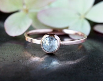 Icy Rose Cut Diamond Ring, Solid 14k Rose or Yellow Gold Band, Salt and Pepper Diamond, Low Profile Engagement Ring