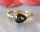 Black Diamond Ring, Rose Cut Pear Diamond, Unique Engagement Ring, 14k Yellow Gold Dotted Band, Tear Shape Ring, Pear Solitaire Ring